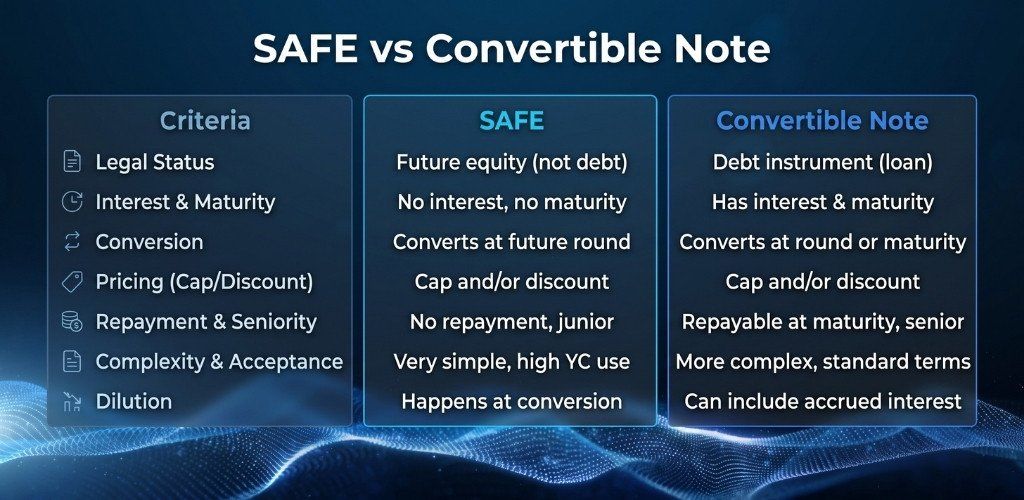 SAFE vs convertible note compared by legal status, interest and maturity, conversion, pricing, repayment and seniority, complexity and dilution