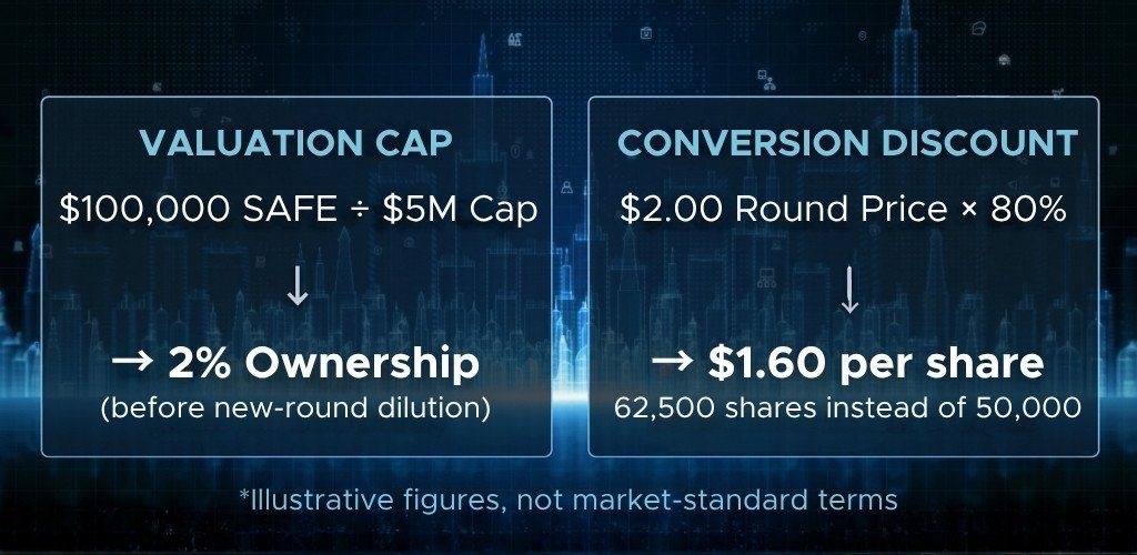 Valuation cap and conversion discount examples: a $100,000 SAFE at a $5M cap equals 2%, a $2.00 round price with a 20% discount equals $1.60 per share