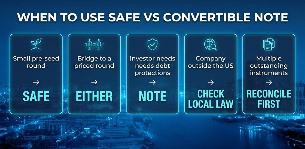 When to use a SAFE or a convertible note: small pre-seed round, bridge to a priced round, debt protections, company outside the US, several outstanding instruments