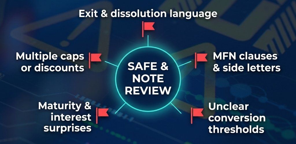 SAFE and convertible note red flags: multiple caps or discounts, maturity and interest surprises, MFN clauses and side letters, unclear conversion thresholds, exit and dissolution language