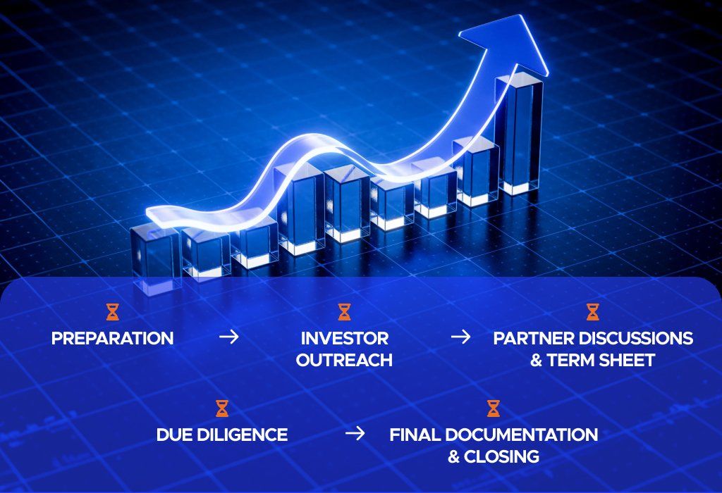 Growth-stage fundraising timeline from preparation to closing, with common sources of delay