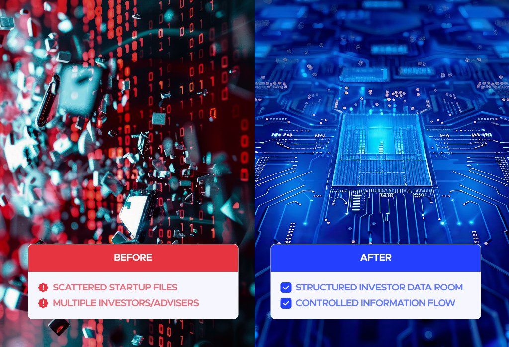 Before and after: scattered startup files versus a structured investor data room