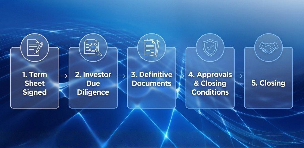 Timeline after a term sheet is signed: investor due diligence, definitive documents, approvals and closing conditions, closing
